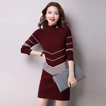 2021 New Autumn Winter Long Sweater Dress Women Knitted Pulôveres Casual Solid Warm Plus Size Mid-Length Clothes Thick Warm Tops