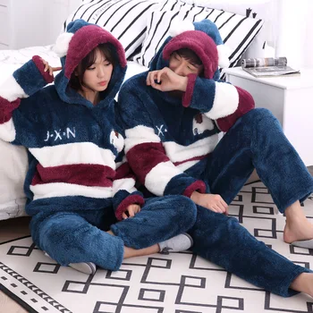 Inverno homens pijama conjunto de suaves unisex com capuz listrado dorminhoco define kawaii amante de casa, roupa de espessura casual mulheres pijamas ternos
