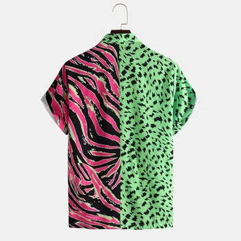 Leopardo selvagem Impresso Camisetas de Verão para os Homens a Moda Hip Hop Mens Camisa de Manga Curta Casual Patchwork Camisa Homme com Bolso