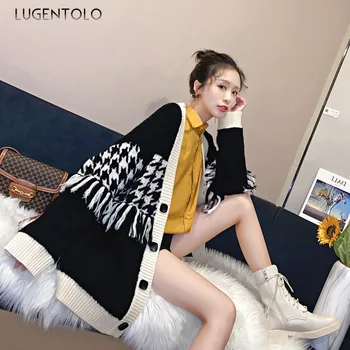 Lugentolo Mulheres Cardigans Blusas Soltas Borla Houndstooth Padrão de Malha com decote em V Inverno coreano Moda das Mulheres de Camisola