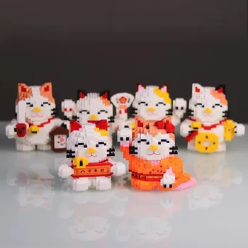 Maneki Neko Blocos de Diamante Sorte, Fortuna, Gato Mini-Tijolos para Construção, China, Japão Mascote Dinheiro Sorriso do Gato de Brinquedo de Bloco de Figuras para o Presente