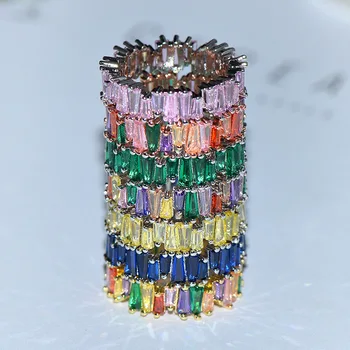 Moda de Luxo Multicolor AAA Baguette Cúbicos de Zircônia Anéis de Casamento para Mulheres em Forma de T de Pedra Festa de Jóias de Presente