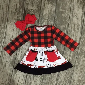 Natal outono/inverno do bebê roupas das meninas crianças vermelho preto em xadrez de renas, alces bolso de algodão plissado boutique vestido de partida de arco