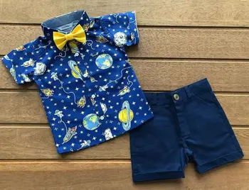 1-5years 2pcs Bebê Conjunto de Roupa de Meninos de Foguetes Terra Camisa Meninos Tops Azul, Calções de Crianças Conjunto de Crianças Conjuntos de Roupa Infantil Criança Conjunto