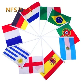 10PCS/LOT Mão Bandeiras Nacionais 14x21cm Rússia, EUA, UE, reino UNIDO, França, Holanda, Espanha, Israel Mão Acenando a Bandeira Com Mastro