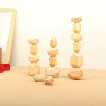 16pcs Criativo Cubo de Madeira de Brinquedos de Crianças de Madeira de Empilhamento de Balanceamento de Pedra, Blocos de Construção, Jogos Educativos Bebê Bloco de Construção de Brinquedo