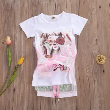 18M-6Y de Criança de Bebê Meninas Roupas de Verão Sol-Protetor de Zíper de Ver Através de Casaco + Manga Curta Impresso T-Shirt Miúdos Roupa de Menina