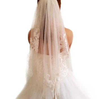 1T Branco Marfim de Renda Apliques de Strass Véu de Noiva, Com Pente de Casamento de Mulheres Elegantes Hairbands Uma Camada Bordado Floral
