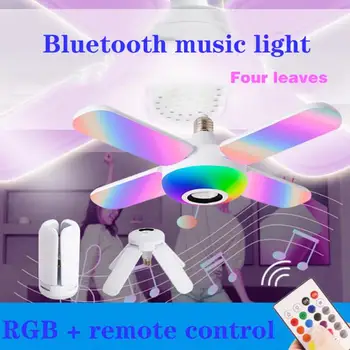 1pcs RGB de Música Bluetooth Lâmpada do Teto do DIODO emissor de 4Leaves Deformada do Bulbo de Lâmpada +Controle Remoto Dobrável Garagem Decoração de Interiores Luzes