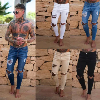 2018 Homens Elegantes, Jeans Rasgados Motociclista Calça Skinny, o Slim Reta, Desfiada Calças Jeans Moda jeans skinny homens de Roupa