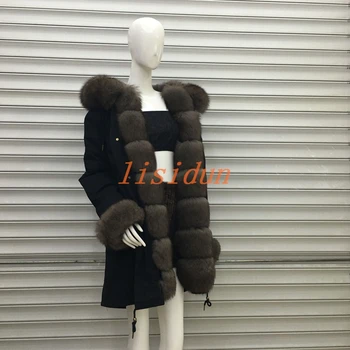 2018 Real casaco de pele de raposa parkas casaco de inverno casaco mulheres parka grande real raccoon gola de pele natural, forro de pele de raposa longo outerwear