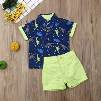 2019 Marca Bebê Recém-nascido de Crianças Meninos do Bebê Roupa de Manga Curta dinossauro T-shirt de Impressão Tops+Calça Curta, Roupas Conjuntos