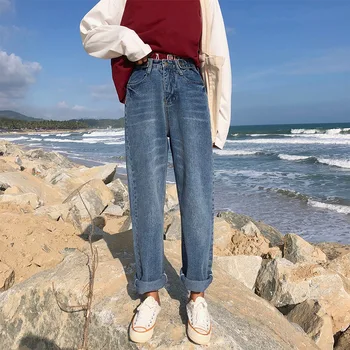 2019 Primavera Nova Wide Leg Jeans Mulheres Streetwear Solta Namorado Reta Selvagem Cintura Alta Chique Calças Plus Size