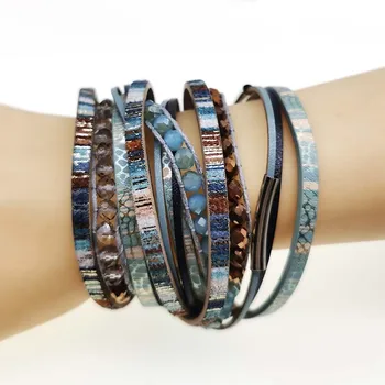 2020 Bracelete de Couro de Multicamadas Mulheres de Couro Longo Pulseira com Contas de Cristal e Metal Encantos Femininos Jóias