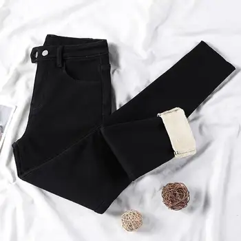 2020 Cintura Alta Jeans Do Inverno Das Mulheres Quente Stretch Denim Calças Sólido Espessamento Lápis Calças Tamanho Plus Velo Calças De Moletom P9616