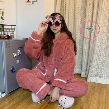 2020 Inverno, Pijamas Mulheres coreano Cartoon Tubarão Pijama de Outono e de Inverno de Bonito com Capuz Casa de Serviço de Terno das Mulheres