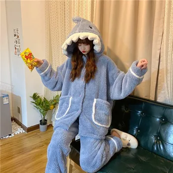 2020 Inverno, Pijamas Mulheres coreano Cartoon Tubarão Pijama de Outono e de Inverno de Bonito com Capuz Casa de Serviço de Terno das Mulheres