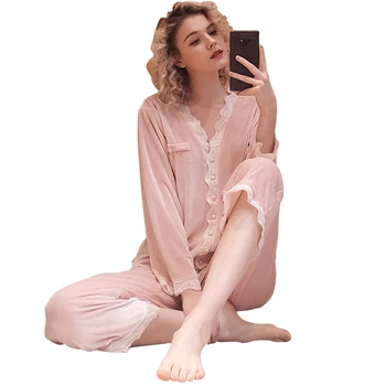 2020 Laço Elegante Princesa Noite se ajustar as Senhoras Vintage de Algodão com decote em V Pijama Conjunto de Mulheres Desgaste da Noite em Casa Terno Conjunto de Salão