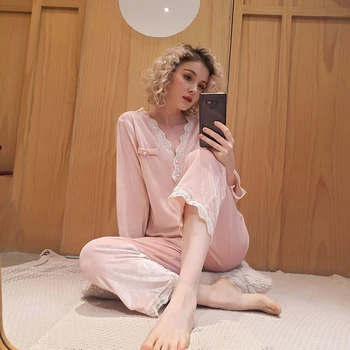 2020 Laço Elegante Princesa Noite se ajustar as Senhoras Vintage de Algodão com decote em V Pijama Conjunto de Mulheres Desgaste da Noite em Casa Terno Conjunto de Salão