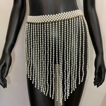 2020 Moda De Nova Pérola De Borla Saia Celebridade Da Moda Artesanal Em Patchwork De Metal Ajustável Cadeia De Ver Através De Mulheres Sensuais Saias