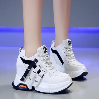 2020 Mulheres Robusto Tênis Novo de Malha Respirável Plataforma Sapatos de Outono Branco Formadores Sapatos Casuais 9,5 CM Cunha Saltos de Sapatos