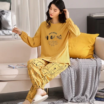2020 Mulheres de Outono, Primavera Pijama de Impressão de Tamanho Mais Solto Feminino Sleepwear o Pescoço Longo da Luva do Algodão das Senhoras Casual, roupa de Dormir