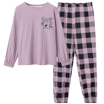 2020 Mulheres de Outono, Primavera Pijama de Impressão de Tamanho Mais Solto Feminino Sleepwear o Pescoço Longo da Luva do Algodão das Senhoras Casual, roupa de Dormir