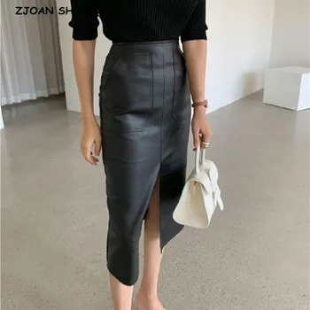 2020 Nova Fenda Frontal PU Saia Lápis de couro Office Lady Coreia Mulheres Duplo bolsos de Cintura Alta Pacote quadris Meados de Saias Longas Femme