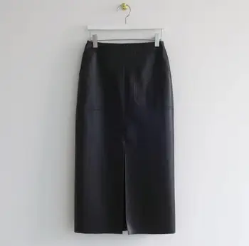 2020 Nova Fenda Frontal PU Saia Lápis de couro Office Lady Coreia Mulheres Duplo bolsos de Cintura Alta Pacote quadris Meados de Saias Longas Femme