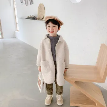 2020 Novo Estilo Coreano Meninos Leatherwear De Lã De Pêlo Longo Crianças Roupas De Moda Breve Lapela Aquecido Longo Casaco Para Criança