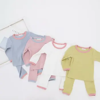 2020 Outono Inverno do Bebê Meninos Malha Atender Crianças de Meninas Novas com Nervuras de Algodão Tops+calças 2pcs Conjunto da Criança para Casa Vestir um Pijama