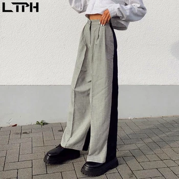2020 Outono chegada nova coreano estilo streetwear mulheres calças de sucesso da moda cor de Emenda de Alta-wais vintage Reta calças de Xadrez