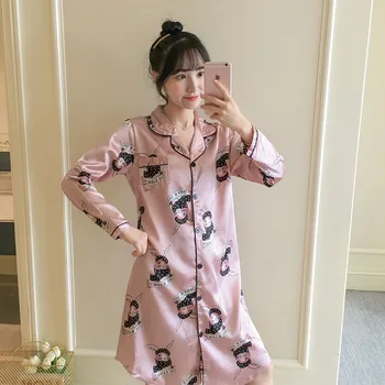 2020 Outono de Manga Longa em Cetim de Seda Camisolas para as Mulheres coreano Impressão de Pijamas em Casa Vestido de Noite, Vestido de roupa de Dormir Nightdress Nighty