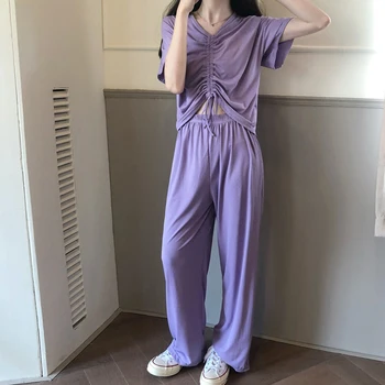 2020 Pijama de Verão Definido Para as Mulheres Roxo Pijamas Loungewear Mulheres Homewear Calça e Camiseta Senhoras Casual Fino do Pijama 2 peças