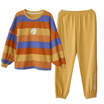 2020 Puro Pijamas de Algodão de Mulheres de Outono Inverno de manga Longa 2 peças Soltas e que Podem Ser Usados Fora Bonito Plus Size, Casa Terno