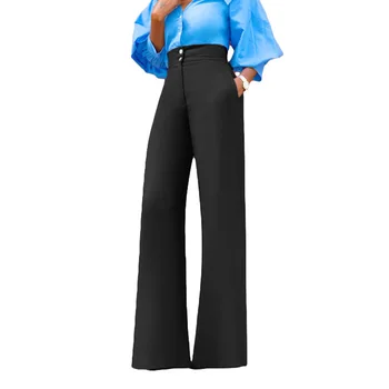2020 Senhora Do Escritório De Perna Larga, Calças De Moda Azul Cintura Alta De Mulheres Elegantes Roupas De Trabalho Calças Afircan Feminino Cair Solto E Casual Calças