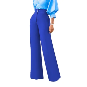 2020 Senhora Do Escritório De Perna Larga, Calças De Moda Azul Cintura Alta De Mulheres Elegantes Roupas De Trabalho Calças Afircan Feminino Cair Solto E Casual Calças