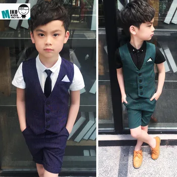 2020 Verão Crianças Conjuntos De Vestuário Formal Menino Vestido De Casamento Colete De Roupas De Calções De Crianças Da Escola Roupa Listrada Big Boy Roupas Traje