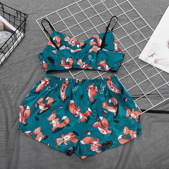 2020 Verão De Duas Peças De Conjunto Sexy Pijamas Animales Padrão Das Mulheres Conjuntos De Pijamas Sem Mangas, Decote Em V Crop Top Espartilho De Cetim Sleepwear