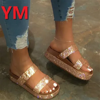 2020 Verão de Cristal de Moda feminina de Sapatos de Mulher Plataforma Sandálias, Chinelos de quarto Slides com Fivela Chinelos de Sola Grossa, Chinelos de quarto Feminino