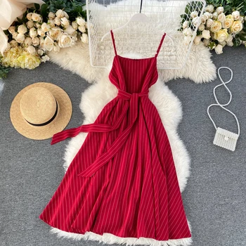 2020 Vintage Slim sexy listrado de Impressão Vestido de bandagem de verão midi de espaguete vestido de alça de Mulheres do Partido de praia de uma linha de vestido de festa