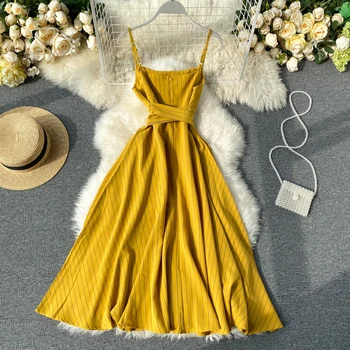 2020 Vintage Slim sexy listrado de Impressão Vestido de bandagem de verão midi de espaguete vestido de alça de Mulheres do Partido de praia de uma linha de vestido de festa