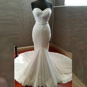 2020 mais Recente Elegante do Laço da Sereia Vestidos de Casamento para a Noiva Querida Appliqued Vestidos de Noiva Train Tribunal de justiça Em Venda