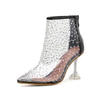 2021 Nova de Alta Calcanhar Mulheres Ankel Boots Dedo Apontado Diamante PVC Transparente Mulheres Botas Sexy Rebite transparente Botas de Salto de Sapatos