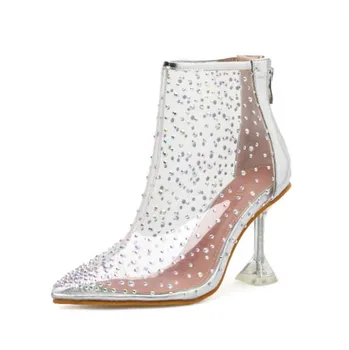 2021 Nova de Alta Calcanhar Mulheres Ankel Boots Dedo Apontado Diamante PVC Transparente Mulheres Botas Sexy Rebite transparente Botas de Salto de Sapatos