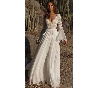2021 Novo Laço Chiffon de V-pescoço Boho Baratos Vestidos de Casamento de Praia no Verão Vestido de Noiva Boêmio Vestidos de Casamento robe de mariage