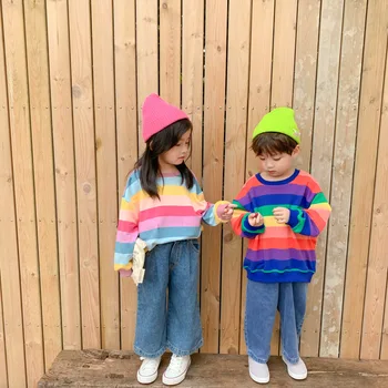 2021 Primavera De Crianças Hoodies Meninos E Meninas Coreano Arco-Íris Listrado Com Capuz