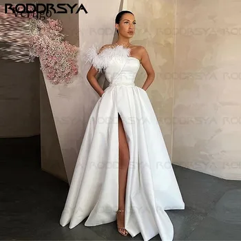 2021 de Cetim Branco do Vestido de Noite Vermelho Longo Preto Vestidos de Baile Bolsos Pena Fenda Lateral Formal Vestido de Festa de recepção do vestido para a noiva