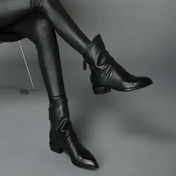 2021Booties Mulher Tornozelo Botas de Mulheres Sapatos de Inverno Botas Curtas Estilo coreano dedo Apontado Grosso Calcanhar Feminino Zip Calçados Preto