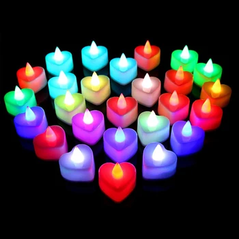 24Pcs Coração de Amor Multicolor DIODO emissor de Luz da Vela Flameless DIODO emissor de Luz do Chá em Casa de Casamento Aniversário Decoração Noite de Luz Drop Shipping